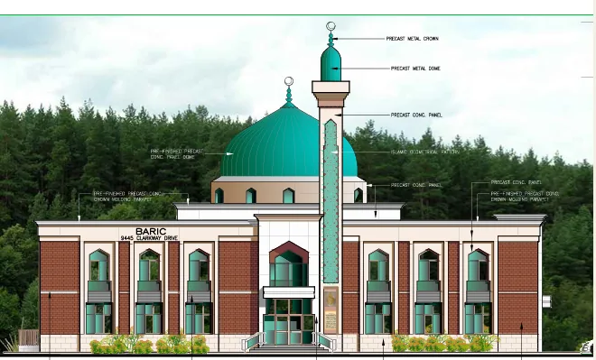 Front elevation of the two-storey place of worship in Brampton, with dome and minaret