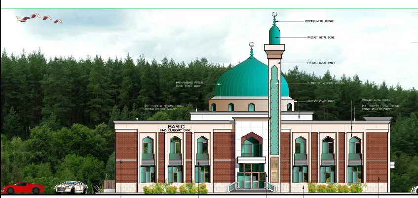 Front elevation of the two-storey place of worship in Brampton, with green dome and minaret against a treed backdrop