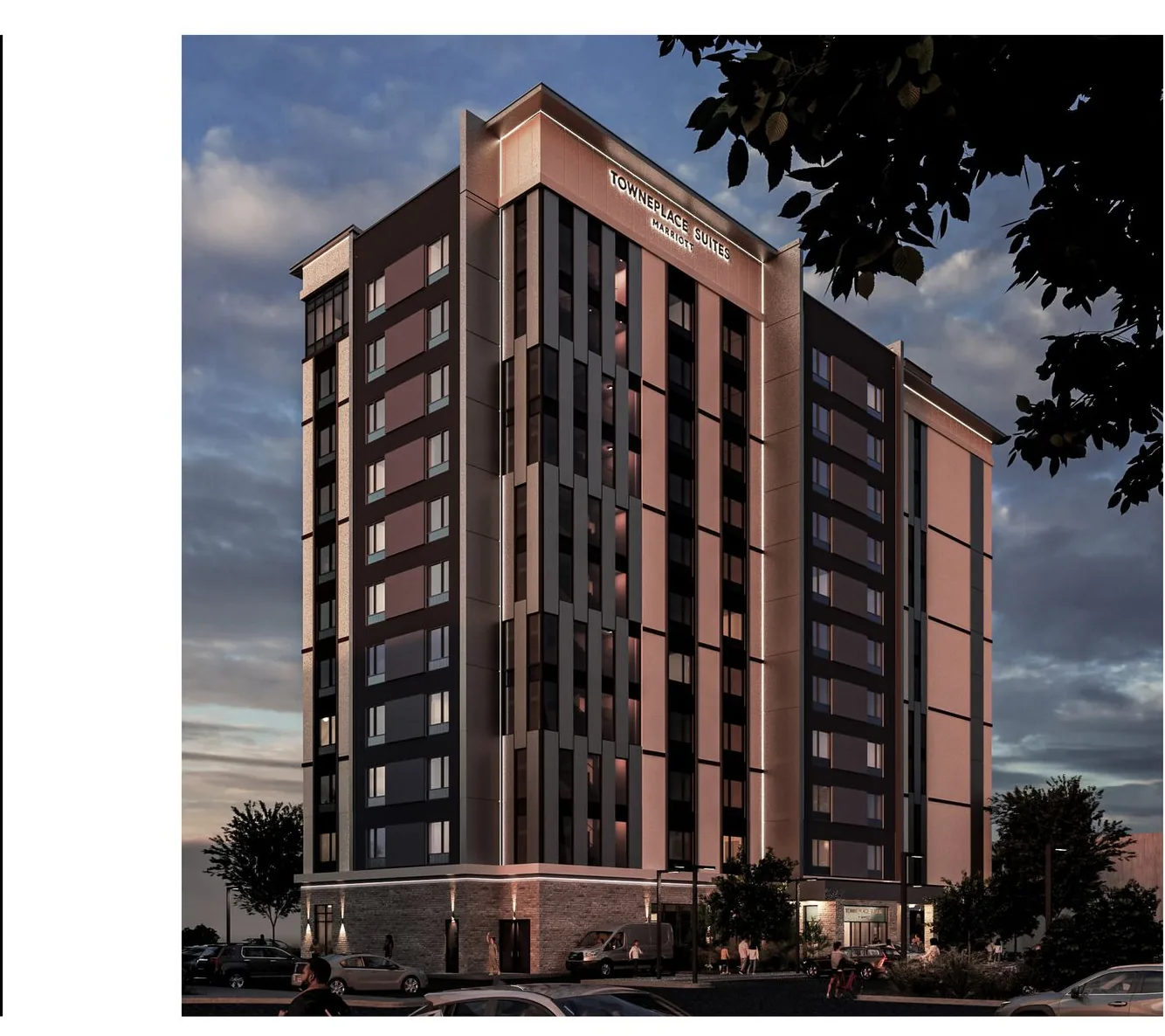 Dusk rendering of the 11-storey Marriott TownePlace Suites hotel proposed in Mississauga
