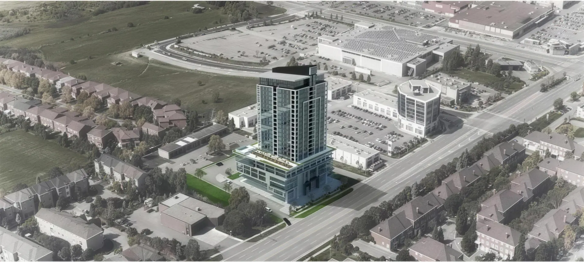 Aerial rendering of a proposed mixed-use tower in Brampton