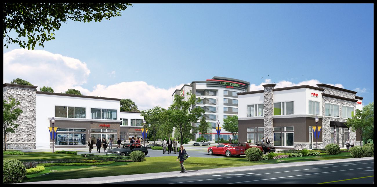 Rendering of a commercial and office development on Derry Road, Mississauga