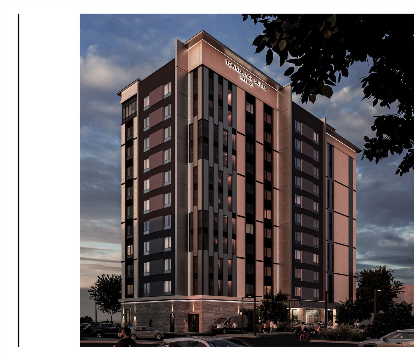 Dusk rendering of an 11-storey Marriott hotel on Hurontario Street, Mississauga
