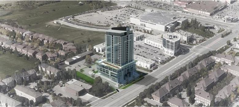 Aerial rendering of a 40-storey tower at Hurontario Street and Steeles Avenue, Brampton